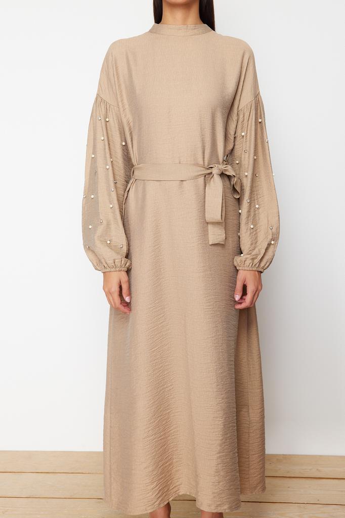 Women's Fashion New Hijab Dress Black Belted Pearl and Stone Detailed Woven Dress