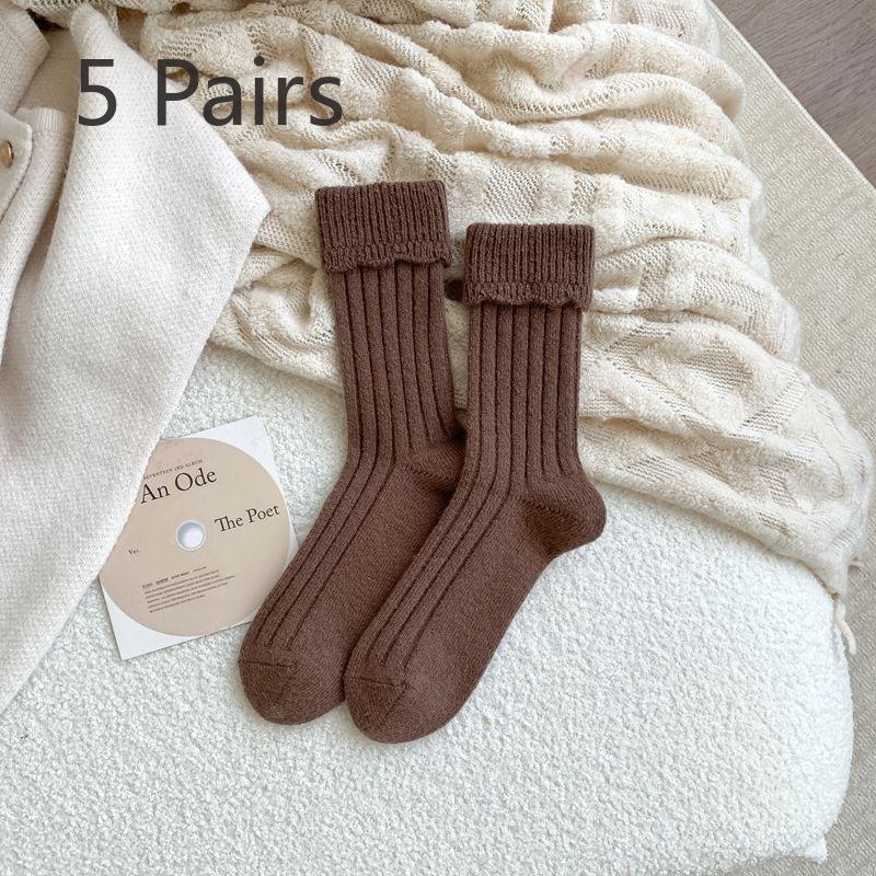 5 Pairs of Thick Woolen Socks for Women, Winter Warmth, Solid Color Long Tube Pile Socks, Warm Fleece Women's Socks