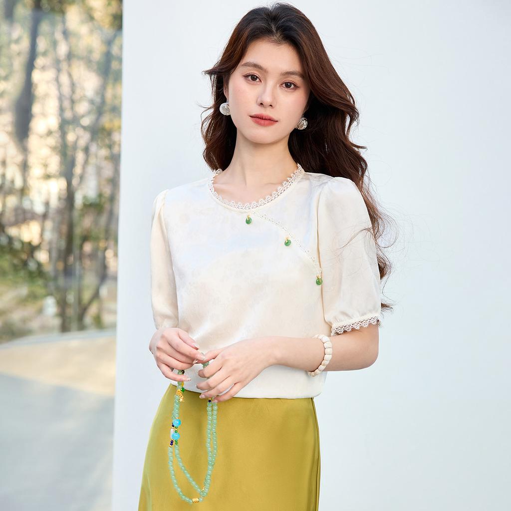 26 Year New Summer Lace Patchwork Fashionable Chinese Style Short Sleeved Shirt T-shirt Women's Shirt Top Women's Clothing