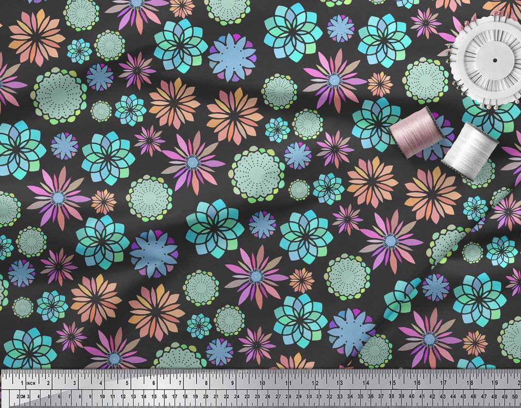 Soimoi Black Japan Crepe Satin Fabric Multicolor Mandala Printed Craft Fabric by the metre 42 Inch