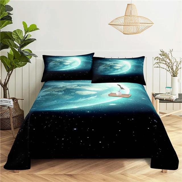 Galaxy Cosmic Planets Bed Sheet Set Soft Polyester Bed Flat Sheet With Pillowcase Romantic Universe Print Bed Sheet Home Textile
