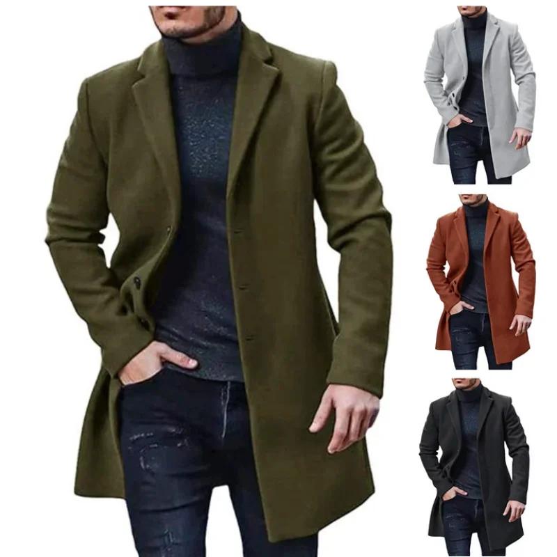 Men's Coat Woolen Overcoat  Windbreaker Solid Color Trench Autumn and Winter Outerwear Cardigan Jaqueta Masculina