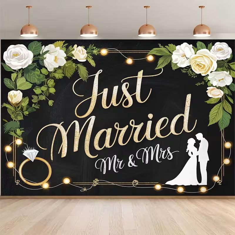 2D Floral Just Married Backdrop with Couple Silhouette Wedding Decor