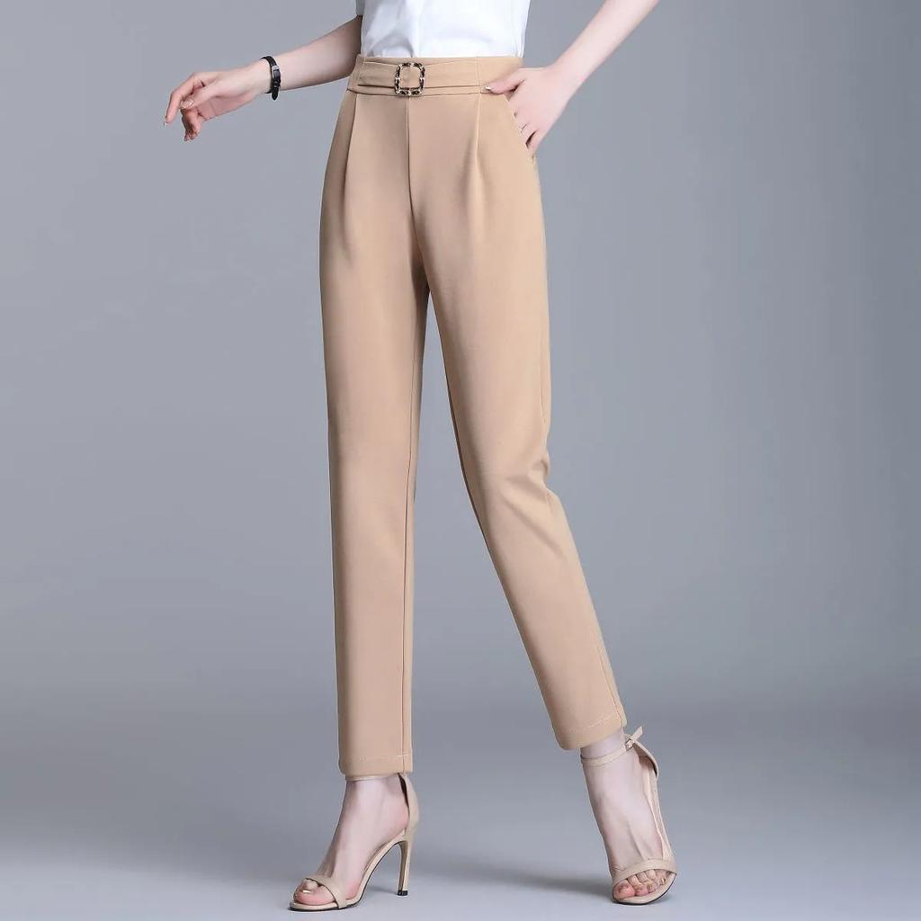 Spring and Summer Women's High Waist Elastic Haren Pants Commuter Casual Fashion Solid Color Pocket Belt Pants