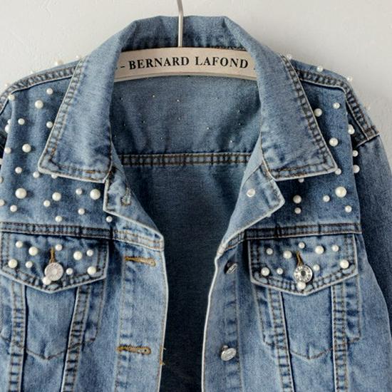 Women's Plus Size Beaded Rhinestone Denim Jacket - Light Blue, Loose Fit