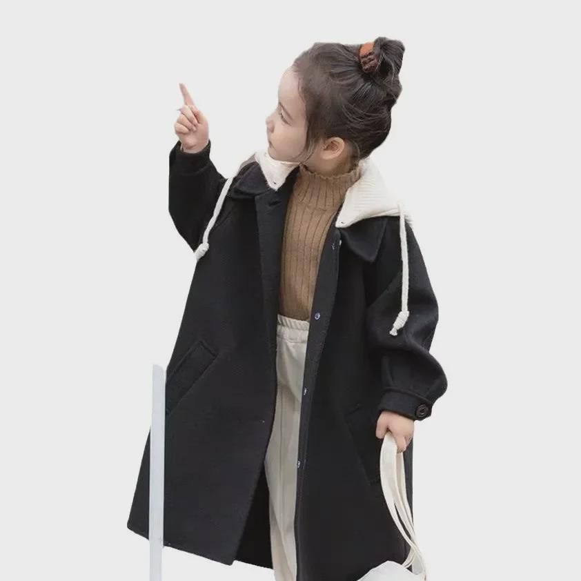 "2024 Girls' Medium/Large Woolen Winter Coat: Korean-Style Loose Cardigan Windbreaker"