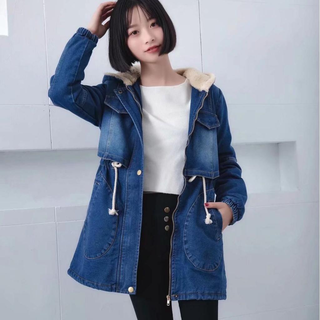 Lamb Fleece Cotton-padded Jacket Women's Thick Hooded Mid-length Waist Denim Cotton-padded Jacket