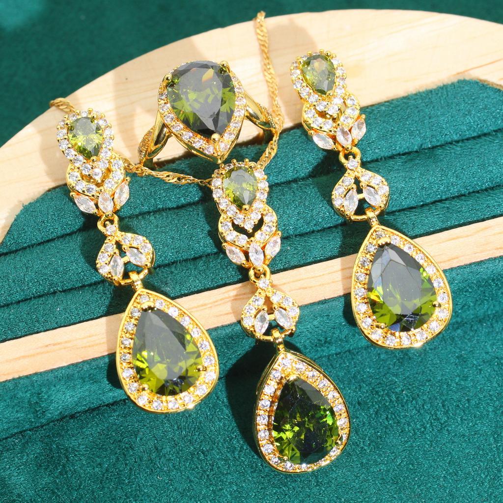 Water Drop AAA Zircon Necklace Earring Ring Gold Jewelry Set Anti Allergy