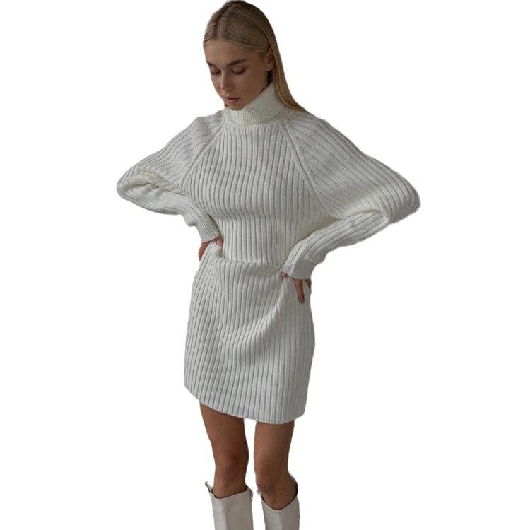 Women's Casual Thick Ribbed Long Sleeve Turtleneck Sweater Dress, Solid Color, Bodycon Fit, Autumn Winter 2024.