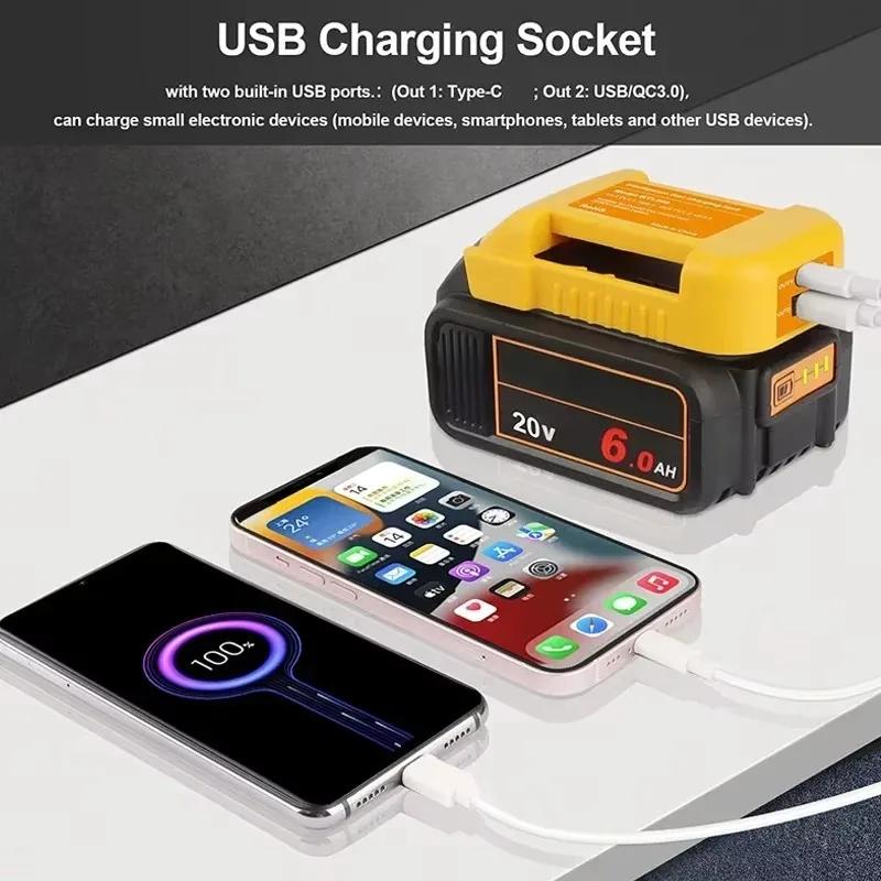 USB Charger Adapter for Dewalt 18V 20V Li-ion Battery with USB and Type-C Fast Charging DCB200 DCB205 for DEWALT