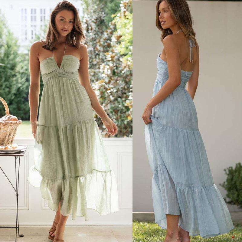 Women's Halter Neck Sleeveless Solid Maxi Dress High Waist Casual Tiered Dress