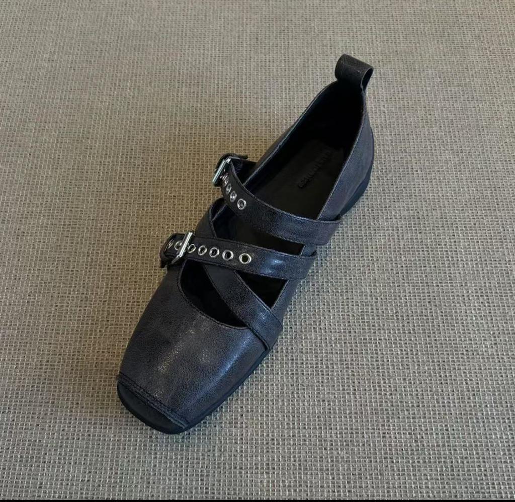 Retro Women's Shoes 2026 Spring Autumn Cross Tied Buckle French Bow Low Help Flat Shoes Non Slip Square Toe Mary Jane Shoes
