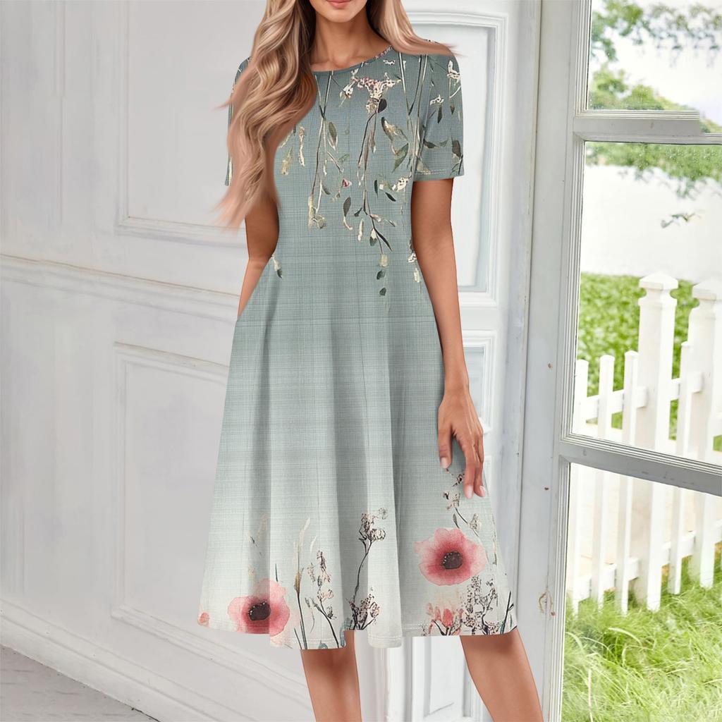 Women's Casual Fashion Round Neck Short Sleeve Print Midi Dress
