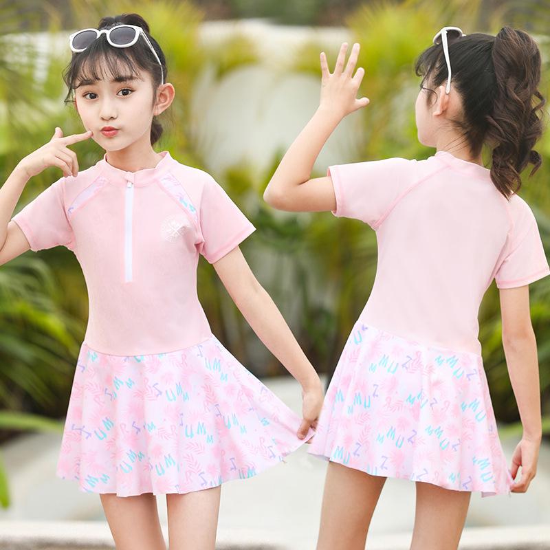 Princess Style Girls' UV Protection Quick-Dry Cute Short-Sleeve Swimsuit Jumpsuit
