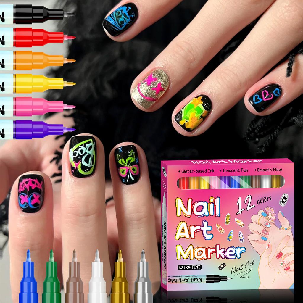 Nail Marker Set Extra Fine Tip -Based Ink Smooth 12 Pack for DIY Nail Design Drawing Writing Decorating