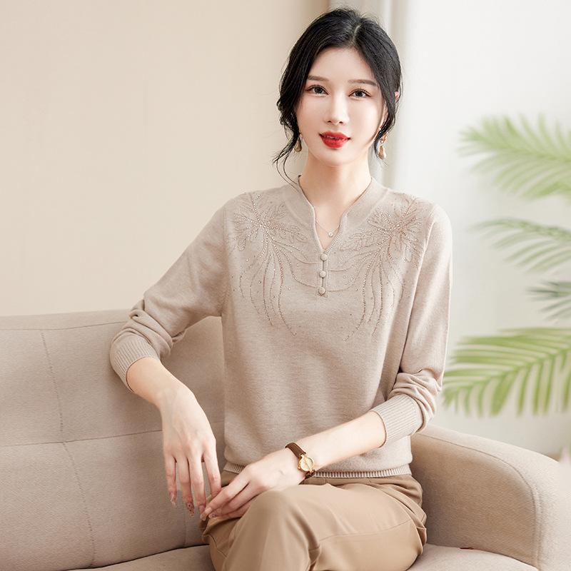 

Осенняя вязаная блузка для мам - Модный весенне-осенний свитер-топ для женщин среднего и пожилого возраста 2XL (recommended for 120-130 jin) бежевый