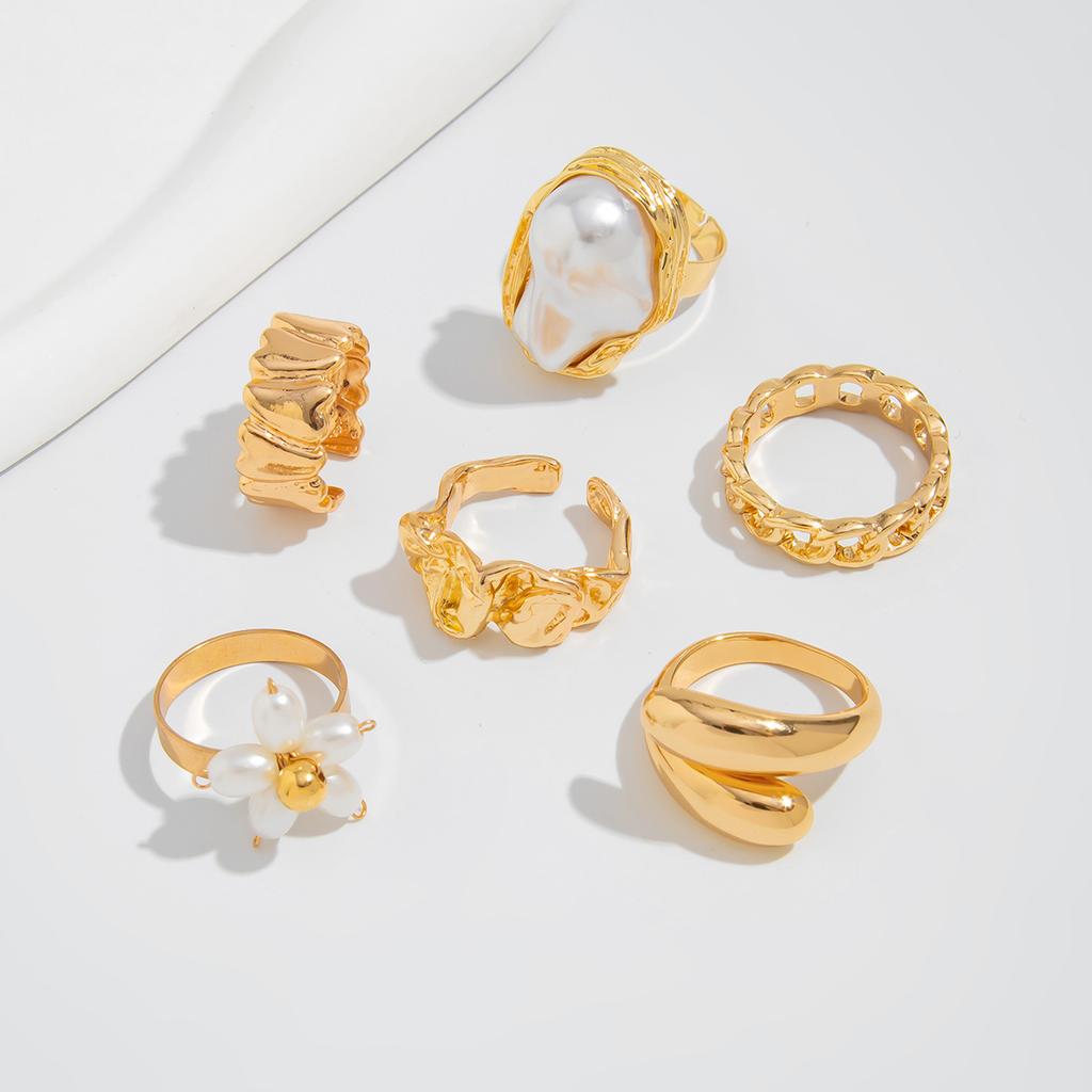 Baroque Imitation Pearl Ring Set, Irregular Design Liquid Metal Pleated Ring
