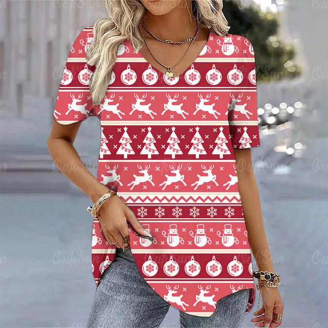Christmas Women's T-Shirt 3d Printed Short Sleeve Tees Christmas T Shirt For Women Fashion V-Neck Top Holiday Oversized Clothing