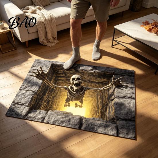 Funny Prank Door Mat 3D Halloween Rug, Optical Illusion Skeleton Realistic Depth Pattern, Jack-o'-lantern Floor Decor Spooky Pumpkin Non-slip