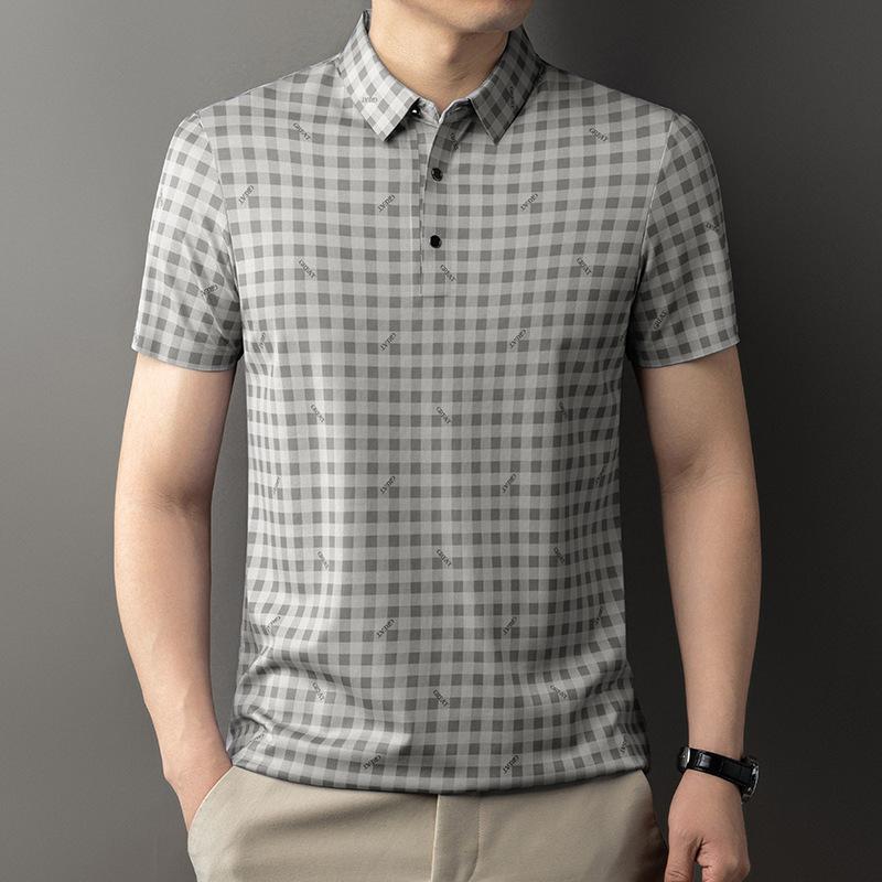 Summer Printed Ice Silk Plaid Traceless T-Shirt Polo Shirt Short Sleeve Men'S Lapel Casual Breathable Top
