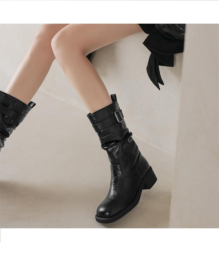 2025 Autumn/Winter Round Toe Thick Heel Pleated Pile Boots