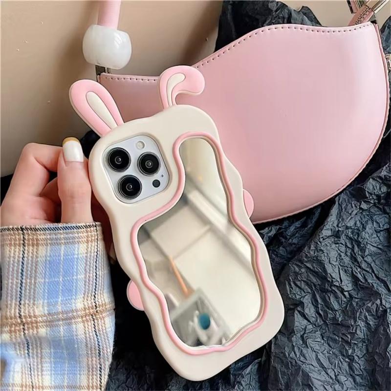 Cute Bunny Ears Mirror Phone Case For iPhone 16 15 14 Plus 13 12 11 Pro Max Shockproof Silicone Case