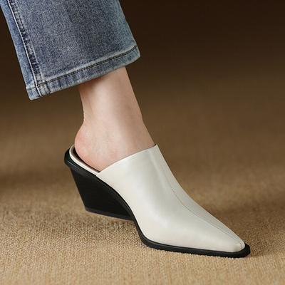 Fashion NEW Summer Women Shoes Genuine Leather Shoes for Women Pointed Toe Chunky Heel Sandals Cover Toe Wedge Sandals Black Women Mules