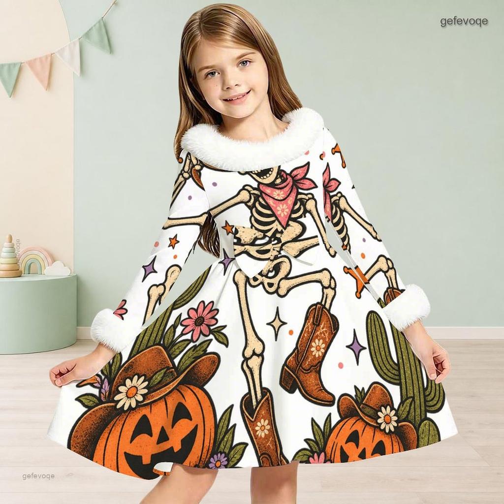 Girls High Neck Long Sleeve Pumpkin Crow Rose Printed A Line Dress
