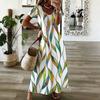 Women Plus Size V Neck Short Sleeve Green Blue Printed Straight Long Dress