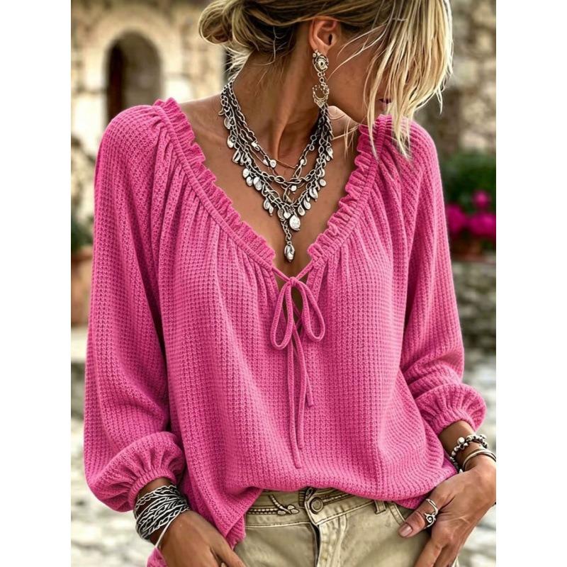 Women S V Neck Drawstring Long Sleeve Waffle Blouse Bohemian Style
