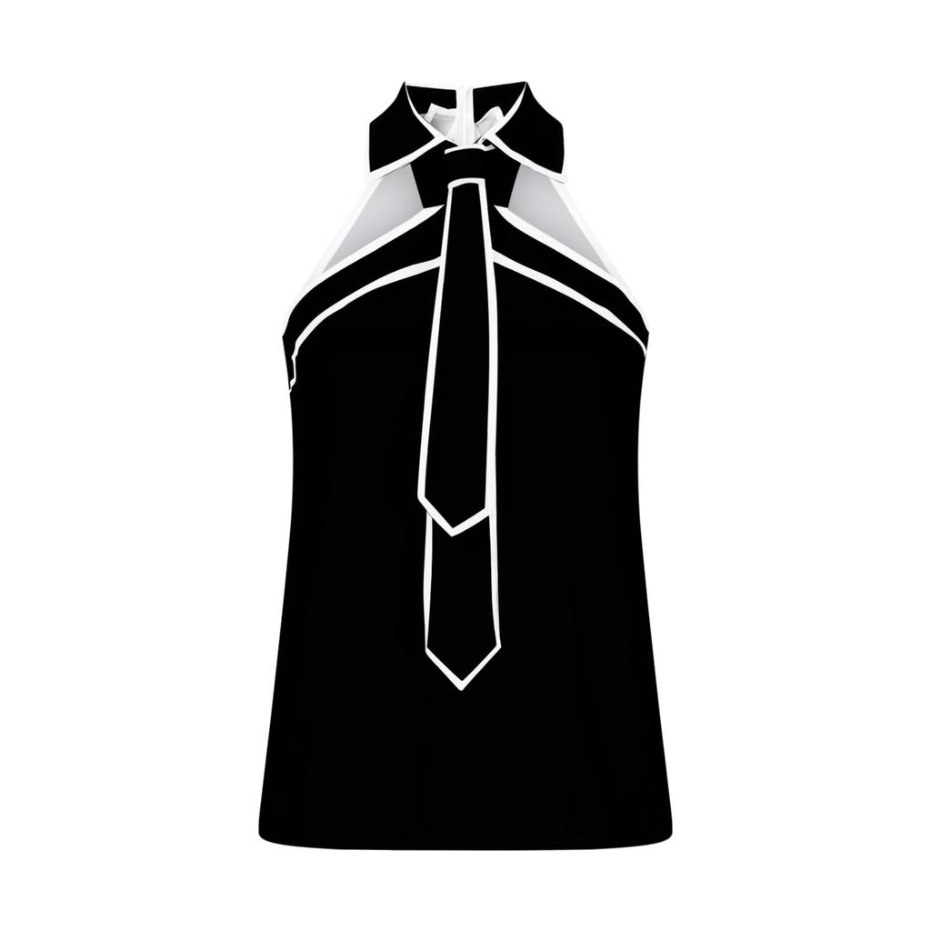 Women’s Sleeveless Collared Tie Front Blouse Contrast Trim Halter Neck Buttonless Pullover Top for Office and Casual Wear