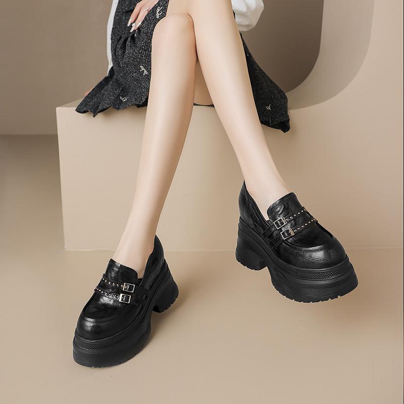 12Cm inner height-increasing muffin thick-soled sheepskin loafers women's 2025 round head waterproof table double-breasted thick-heeled muffin shoes