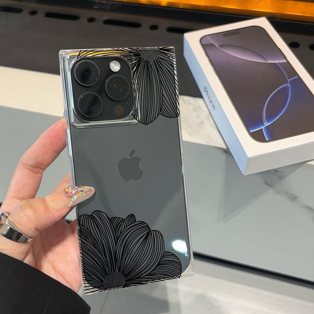 Square Back Tube Protection Clear Case For iPhone 14 Pro Max 11 12 15 Plus 16 ProMax 13 Anti-Oxygen,Black Line Petals Pattern Casing