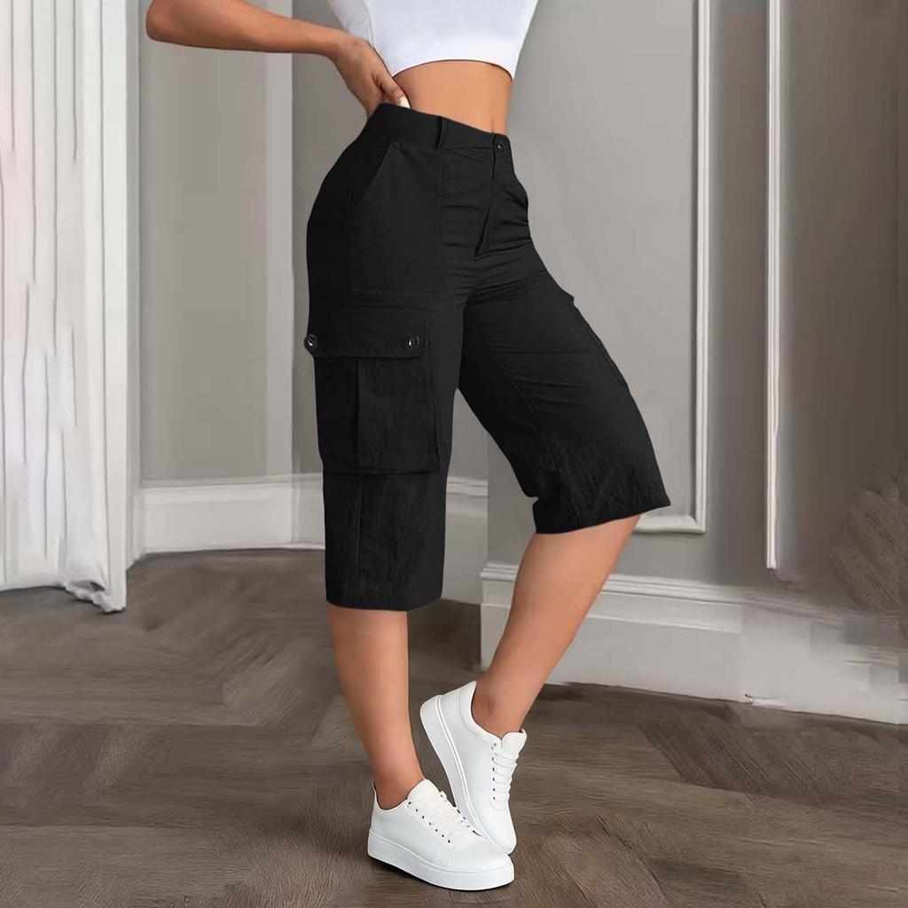 Damen Mid-Waist Relaxed Fit Cargo-Shorts mit elastischem Bund hinten, Knopf- und Reißverschluss, Mehrere Taschen