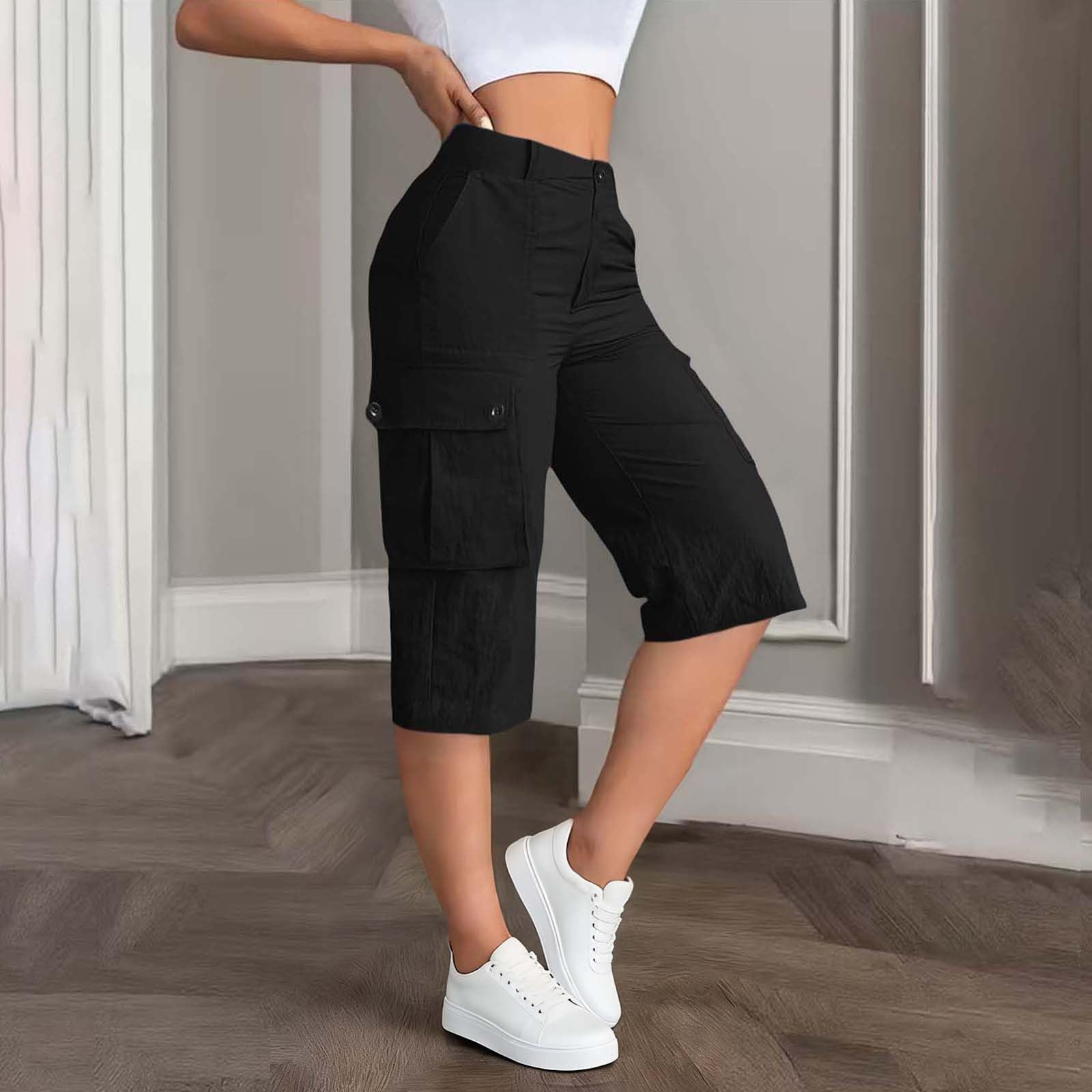 

Women’s Mid Waist Relaxed Fit Cargo Shorts with Elastic Back Waistband Button and Zipper Closure Multiple Pockets Design XL чёрный