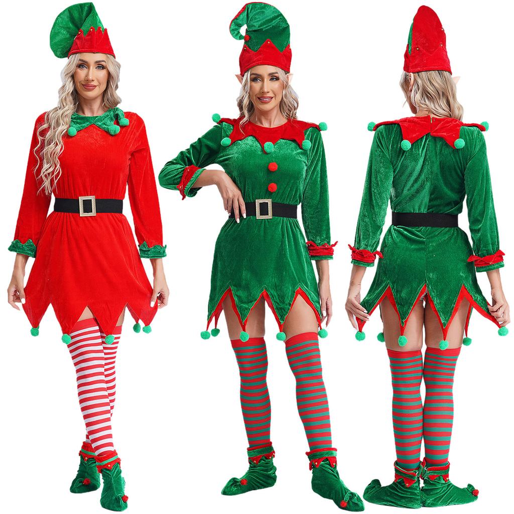 Unisex Elf Cosplay Set 6ks Příslušenství Elfí uši Zvonky Pompony Klobouk Pás Boty Punčochy Vánoční kostým