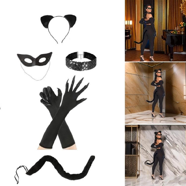 Halloween Catwomen Costume Set Cats Claw Gloves Cats Ear Headband Choker Necklace for Halloween Party Carnivals
