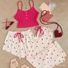 Sweet Peach Heart Pajama Set: Women's Spring/Summer Three-Piece with Childlike Camisole - Comfortable, Lovely, and Sexy Homewear.
