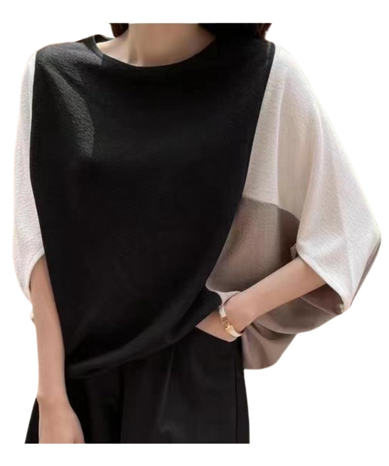 

Рукав дольман Офисный кэжуал Топы с рукавом дольман Большая блузка Крой и шитье Большой размер Свободный крой Прикрывает фигуру Рукав слим Весна Лето Осень [Dep Club] чёрный