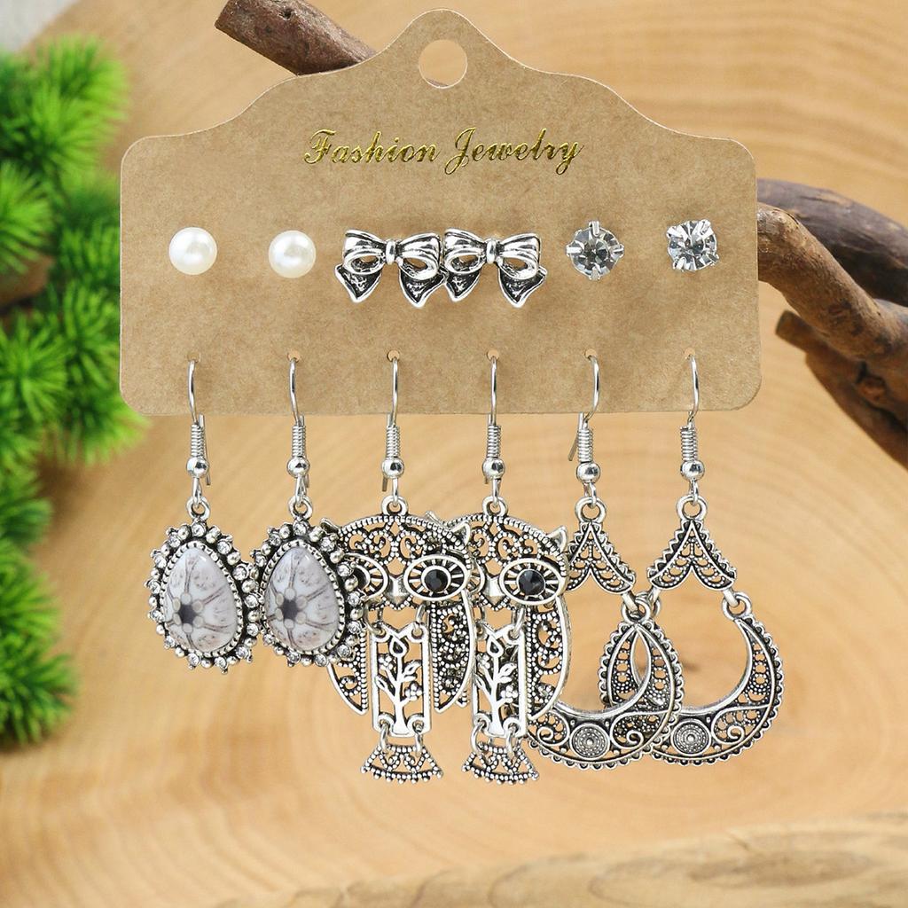 Ethnic Style Zinc Alloy Earrings With Turquoise Inlay Owl Shells Leaf Tassel Decoration Women Pendant Ear Gewelry Versatile