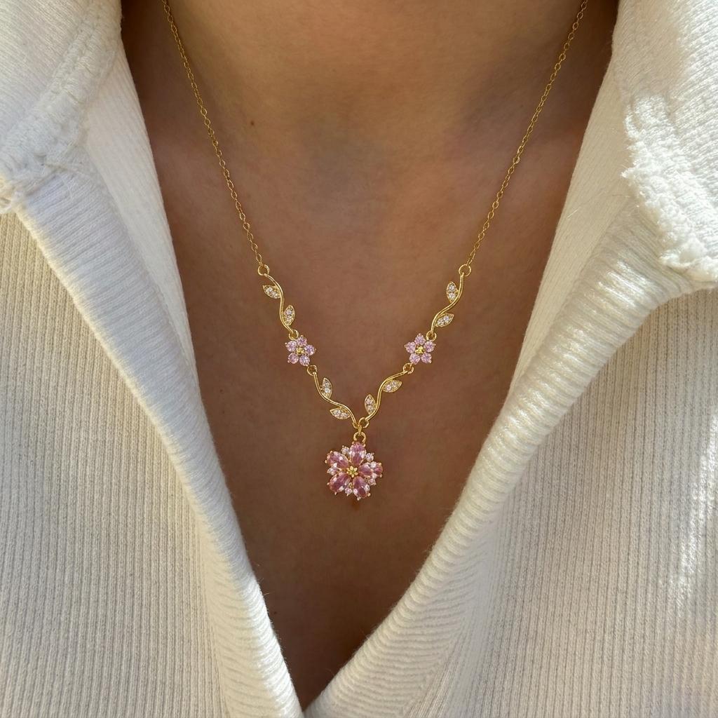 New Cute Romantic Pink Sakura Pendant Necklaces for Women Y2K Sweet Synthetic Zircon Flowers Bracelet Charms Wedding Jewelry Set