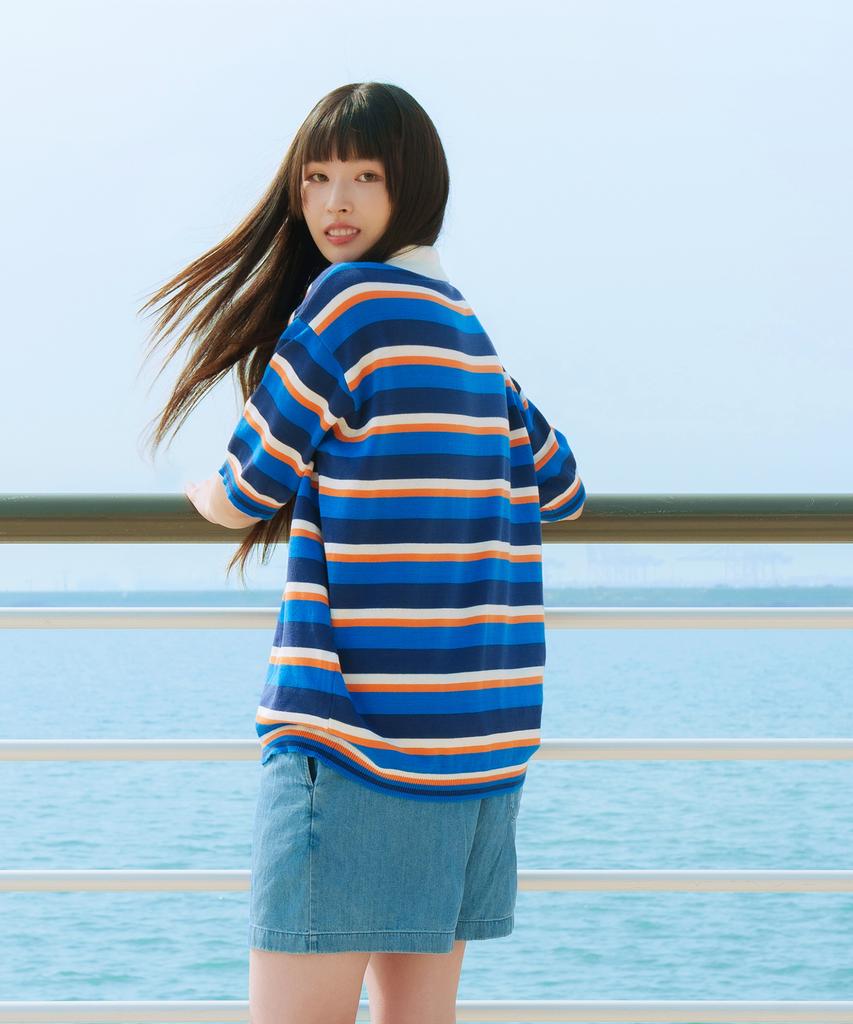 Pieseussi Retro Wave Stripe Collared Short Sleeve Knit _ Blue