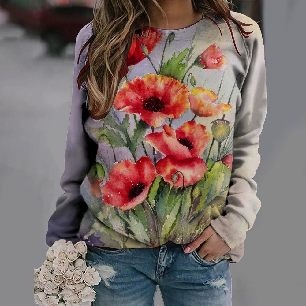 New Loose Casual 3D Floral Print Pattern Women's Round Neck Long Sleeved T-shirt