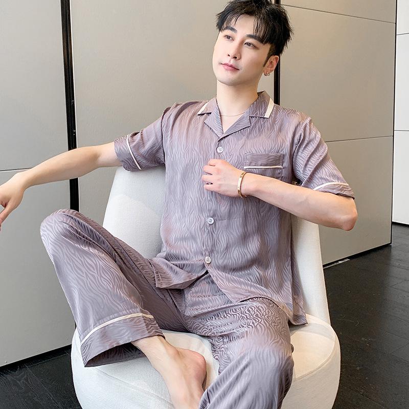 

Men s Light Luxury Silk Pajama Set - Spring/Fall, Thin Jacquard Homewear, Wearable Outdoors XXL