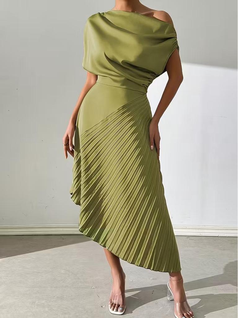 Asymmetrical Shoulder Gold Foil Pleated Dress for Women