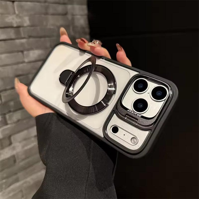 

Розкішний чохол для телефону з магнітним кільцем, підставкою-лінзою та прозорою захисною кришкою для iPhone 17 16 11 13 14 12 15 Pro Max Funda Magsafe iPhone 11 чорний