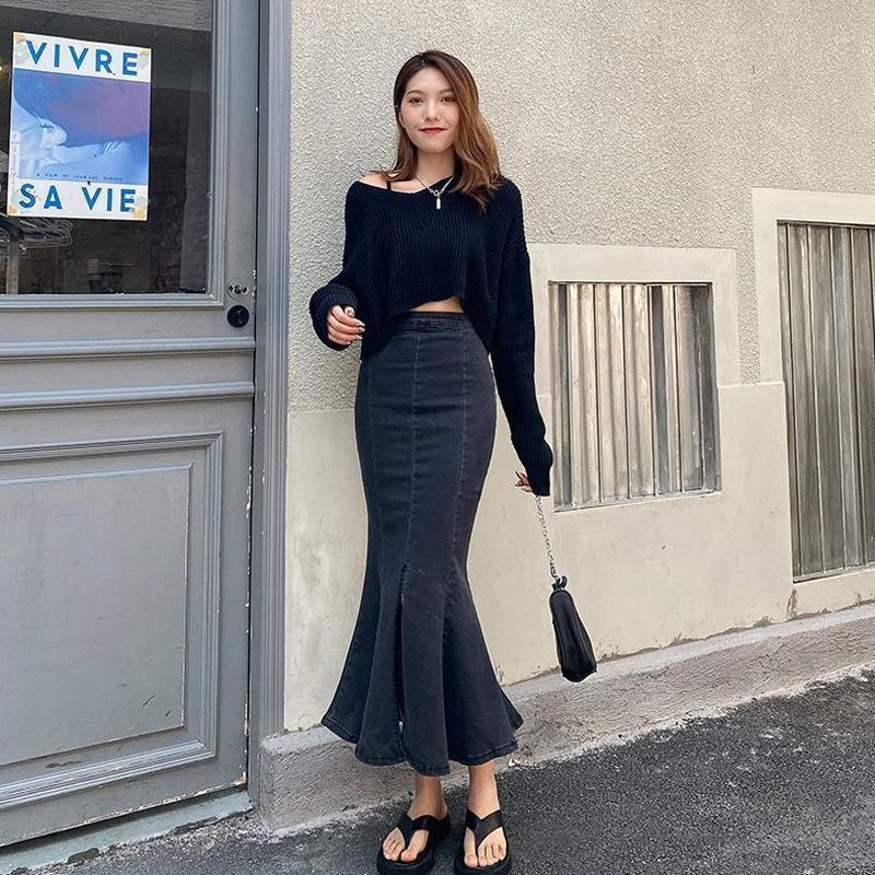 Blue Package Hip Women Summer High Waist Slim Stretch Hundred Thin Design Side Split Fishtail Skirt Versatile Comfortable Fashion Denim Bustier Skirt
