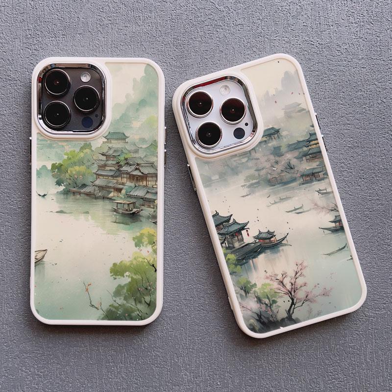 Mountains and Streams Pavilion Ink Brush Painting Phone Case for iPhone 12 13 14 11 Pro Max X XR XS 14 7 8 Plus SE Silicon Cover