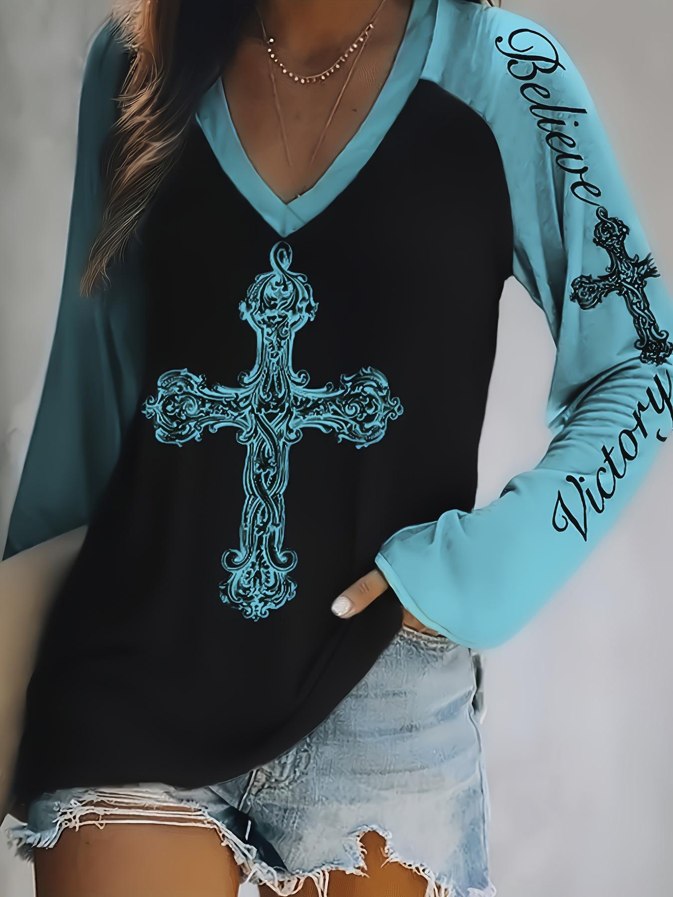 Plus Size Women s V-Neck Long Sleeve Cross Print T-Shirt Casual Loose Fit Top for Everyday Wear 4XL