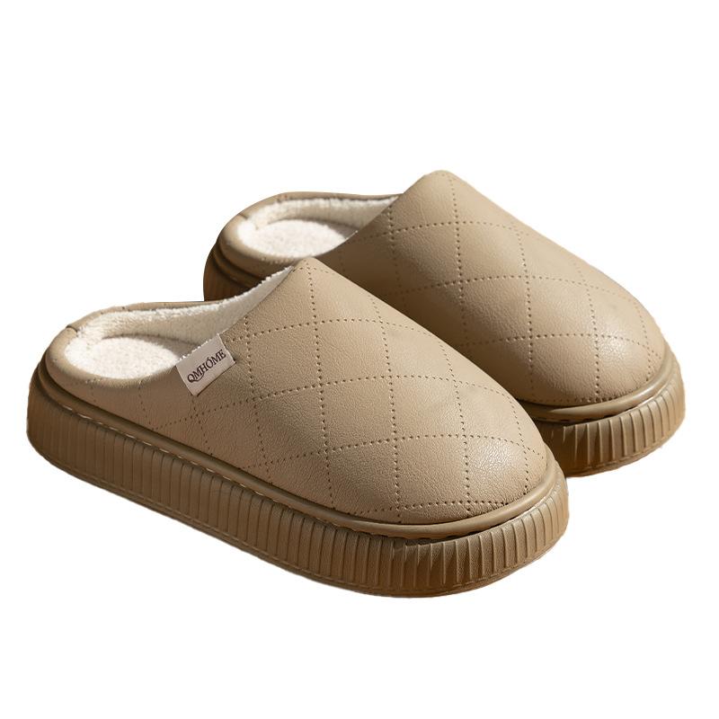New high-end PU leather slippers autumn and winter couples indoor home velvet warm soft bottom non-slip cotton slippers